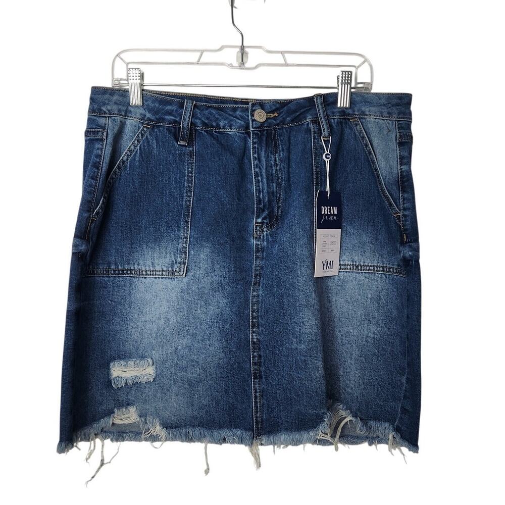 YMI Blue Raw Hem Distressed Stretch Midi Dream Fit Mini Denim Skirt Size 15 / 32